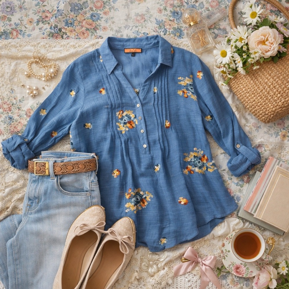 Olive Hill Blue Floral Embroidered Pintuck Roll Tab Tunic‎ Blouse Womens Large
